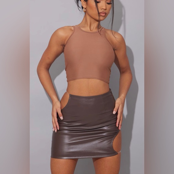 PrettyLittleThing Dresses & Skirts - Cut-out Brown Faux Leather Mini Skirt
